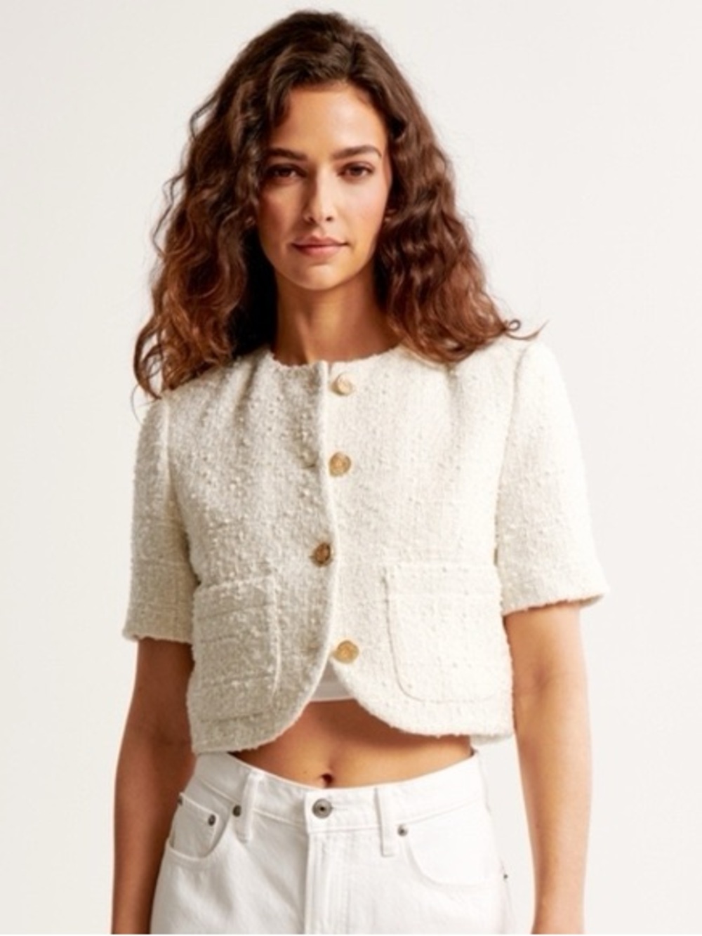 Abercrombie Cropped Cream Tweed  Short-Sleeve Jacket